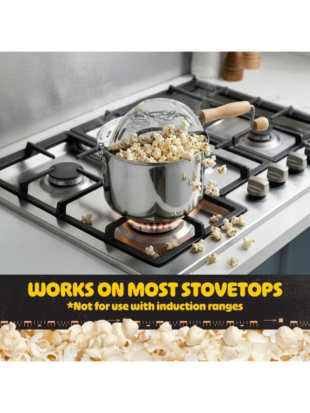 Stainless Steel Stovetop Popcorn Maker - 6.5 Quart, Hand Crank, Vented Lid